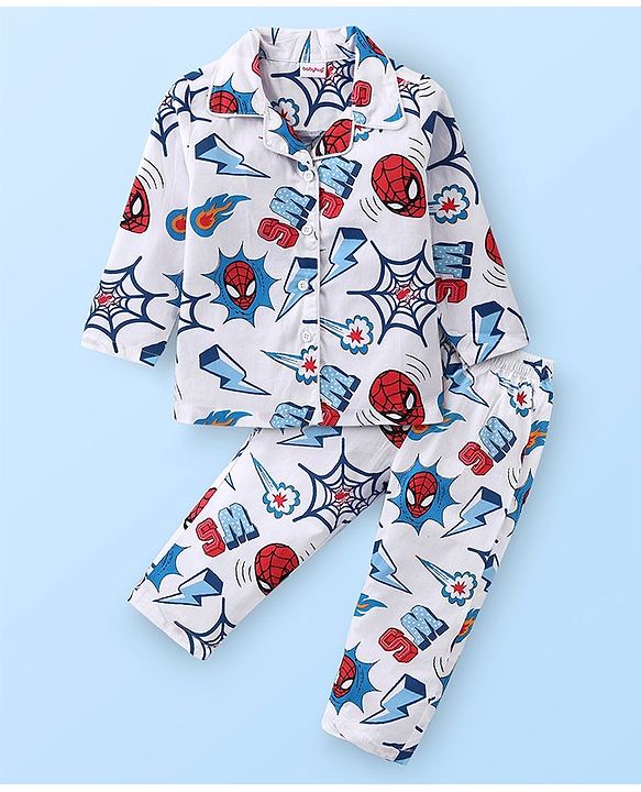 Babyhug Marvel Full Sleeves Front Open Collar Neck Woven Night suit  with Spider Man Print - White