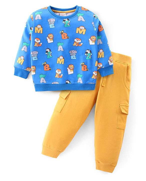 Babyhug Cotton Knit Full Sleeves T-Shirt & Lounge Pants Set With Alphabets & Animals Print - Blue & Yellow