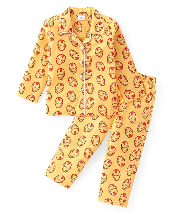 Babyhug Marvel Cotton Woven Full Sleeves Night Suit with Avengers All over Print - Yellow