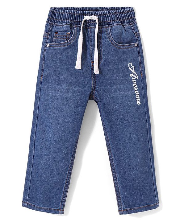Babyhug Full Length Washed Denim Jeans With Stretch & Text Print - Navy Blue