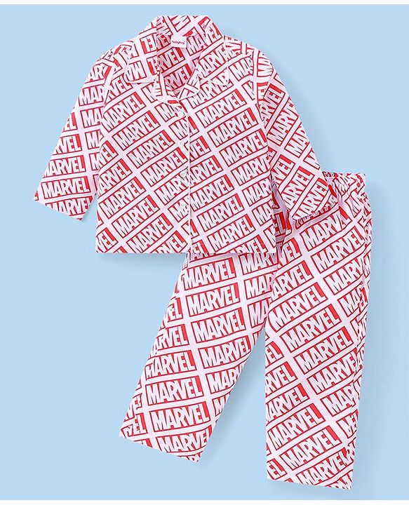 Babyhug Marvel Cotton Woven Front Open Full Sleeves Night Suit With Marvel Avengers  Print - Pink