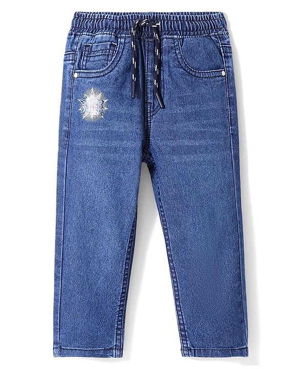 Babyhug Denim Full Length Washed Jeans with Stretch Text Print - Blue
