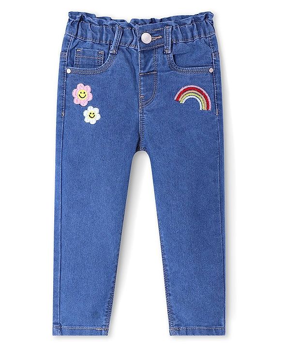 Babyhug Denim Full Length Solid Color Jeans with Floral Embroidery - Blue