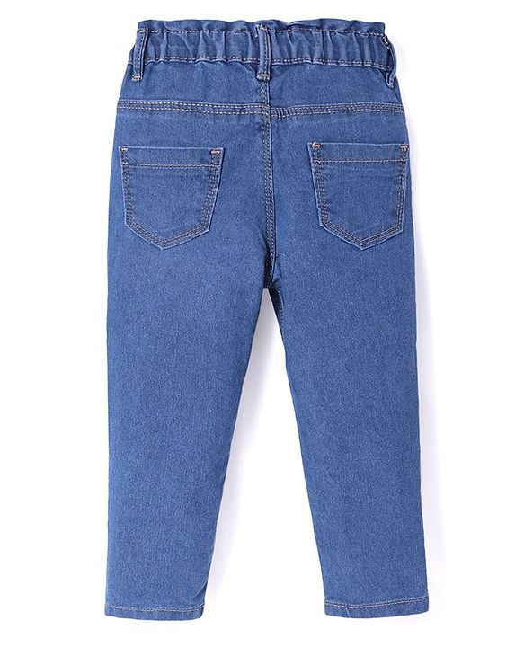 Babyhug Denim Full Length Solid Color Jeans with Floral Embroidery - Blue