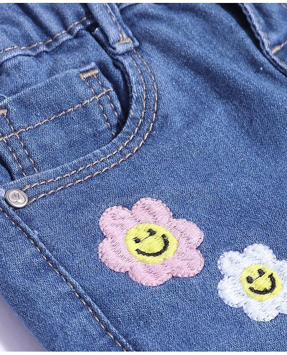 Babyhug Denim Full Length Solid Color Jeans with Floral Embroidery - Blue
