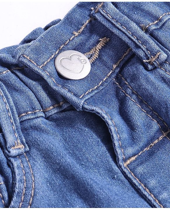 Babyhug Denim Full Length Solid Color Jeans with Floral Embroidery - Blue