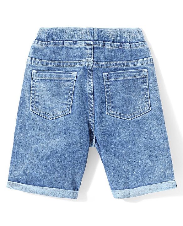 Babyhug Above Knee Length Stretchable Denim Washed  Bermuda with Text Print - Blue