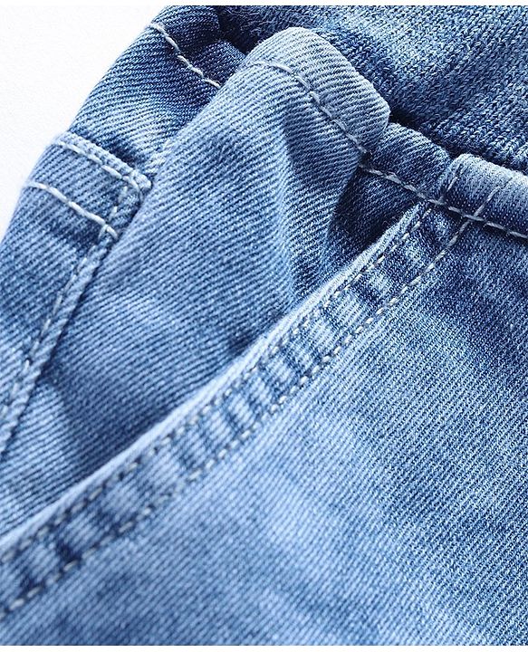Babyhug Above Knee Length Stretchable Denim Washed  Bermuda with Text Print - Blue