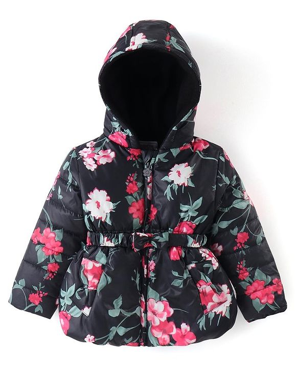 Babyhug Woven Full Sleeves Padded Hooded Jacket With Floral Print & Bow Applique - Black