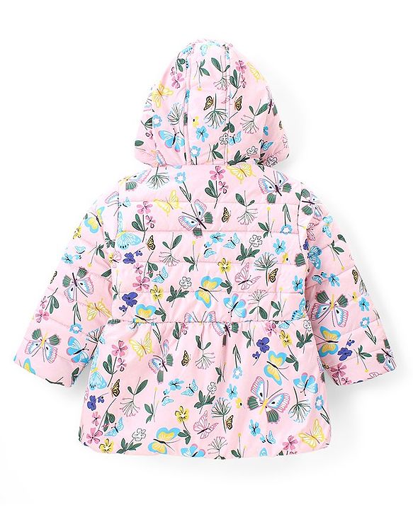 Babyhug Woven Full Sleeves Padded Hooded Jacket With Floral Print - Pink