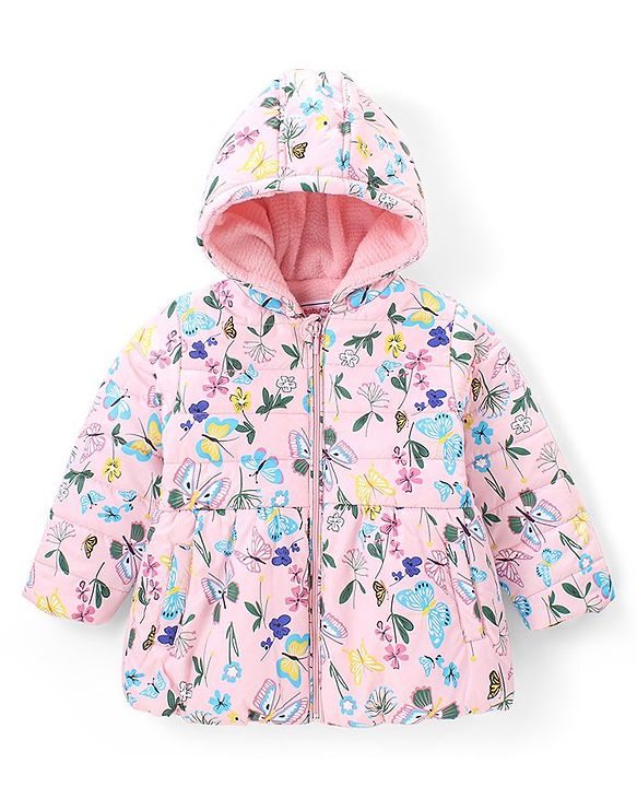 Babyhug Woven Full Sleeves Padded Hooded Jacket With Floral Print - Pink