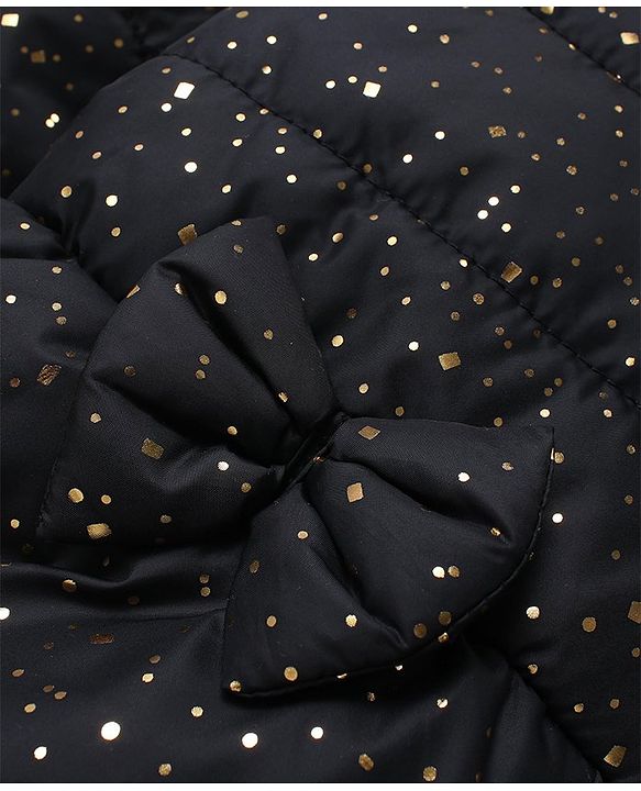 Babyhug Woven Full Sleeves Padded Hooded Jacket With Metallic Print & Bow Applique - Black