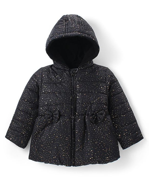 Babyhug Woven Full Sleeves Padded Hooded Jacket With Metallic Print & Bow Applique - Black