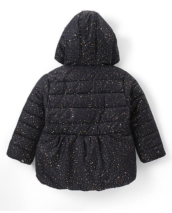 Babyhug Woven Full Sleeves Padded Hooded Jacket With Metallic Print & Bow Applique - Black