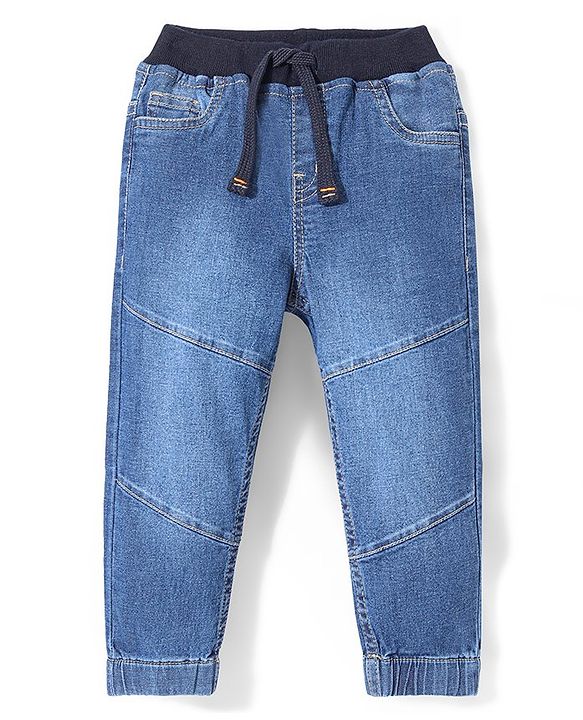 Babyhug Cotton Full Length Denim Washed Solid Colour Joggers with Stretch & Cut & Sew Design - Blue