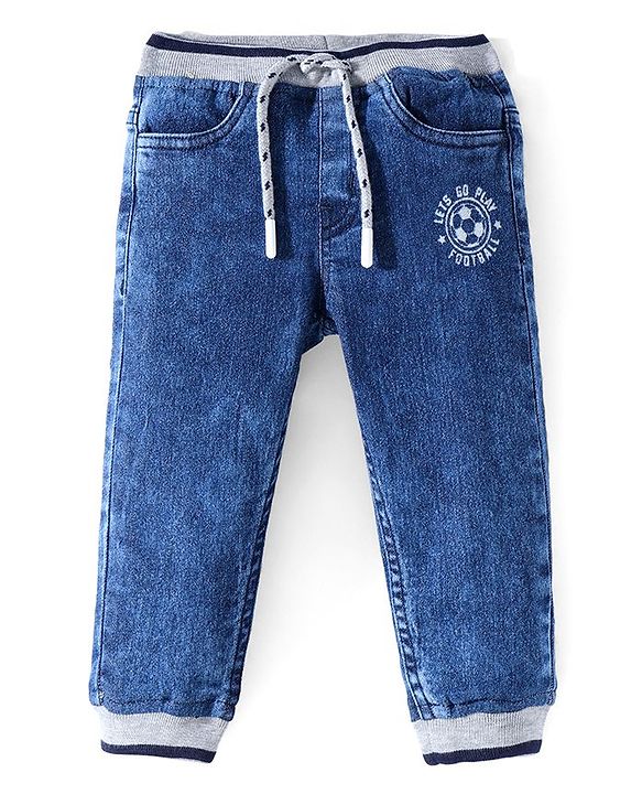Babyhug Denim Full Length Joggers with Text Print - Blue