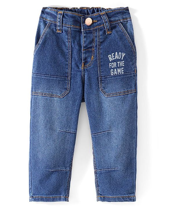 Babyhug Full Length Denim Jeans With Stretch & Text Print - Blue