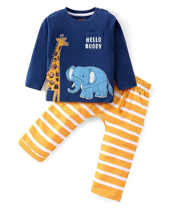 Babyhug Single Jersey Knit Full Sleeves T-Shirt & Pant Set with Striped Giraffe & Elephant Print - Blue & Yellow