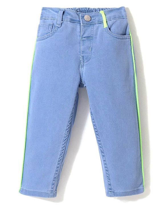 Babyhug Denim Full Length Washed Stretchable Jeans Solid Color - Blue