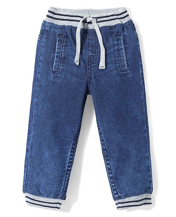 Babyhug Full Length Denim Washed  Stretchable Joggers with Black & White Stripes - Blue