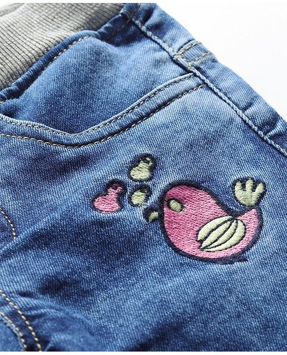Babyhug Denim Full Length Stretchable Joggers with Bird Embroidery - Blue