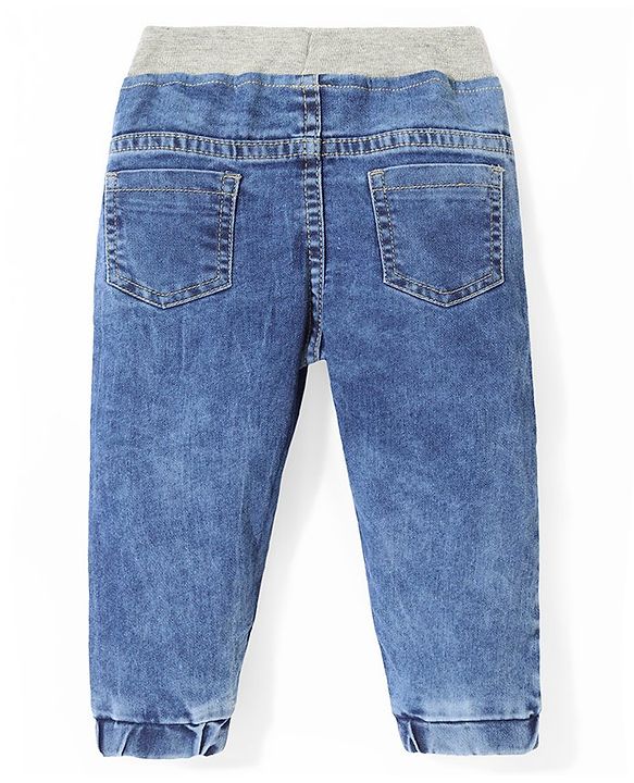 Babyhug Denim Full Length Stretchable Joggers with Bird Embroidery - Blue
