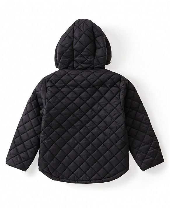 Babyhug Woven Full Sleeves Padded Hooded Solid Colour Jacket - Black