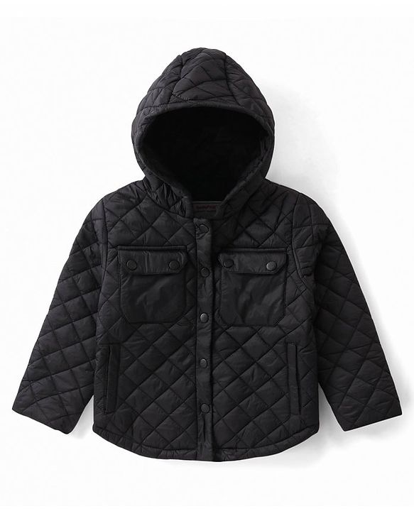 Babyhug Woven Full Sleeves Padded Hooded Solid Colour Jacket - Black