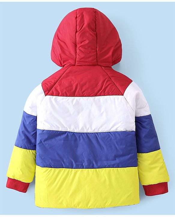 Babyhug Full Sleeves Front Open Padded Hooded Jacket with Colour Block Design & Patch Detailing - Multicolour