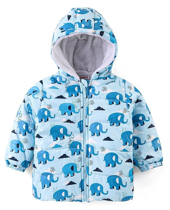 Babyhug Woven Full Sleeves Padded Hooded Jacket with Elephant Print - Blue