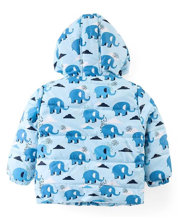 Babyhug Woven Full Sleeves Padded Hooded Jacket with Elephant Print - Blue