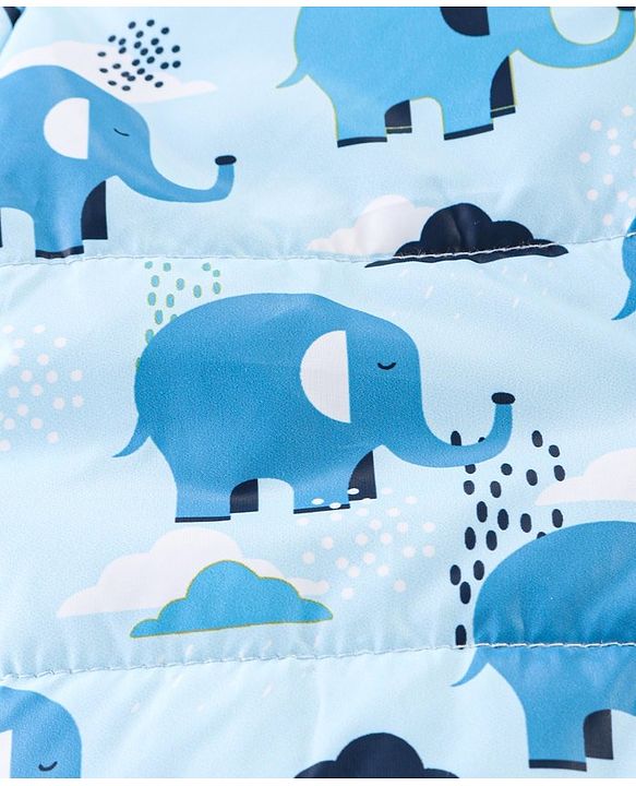 Babyhug Woven Full Sleeves Padded Hooded Jacket with Elephant Print - Blue