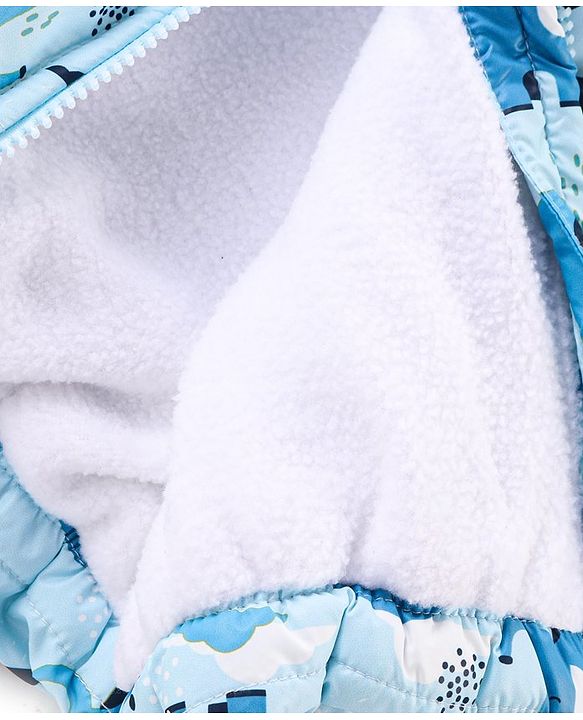 Babyhug Woven Full Sleeves Padded Hooded Jacket with Elephant Print - Blue