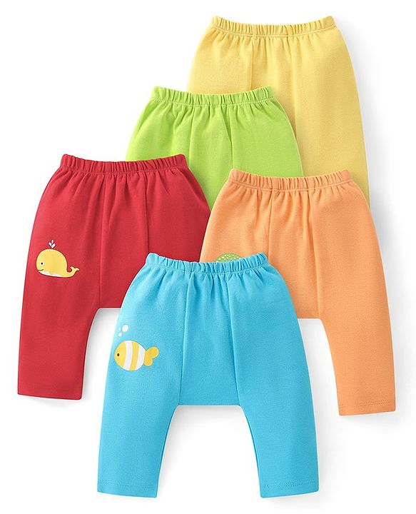 Babyhug Cotton Knit Anti-Microbial Ankle Length Diaper Leggings with Fish Print Pack of 5 - Multicolour