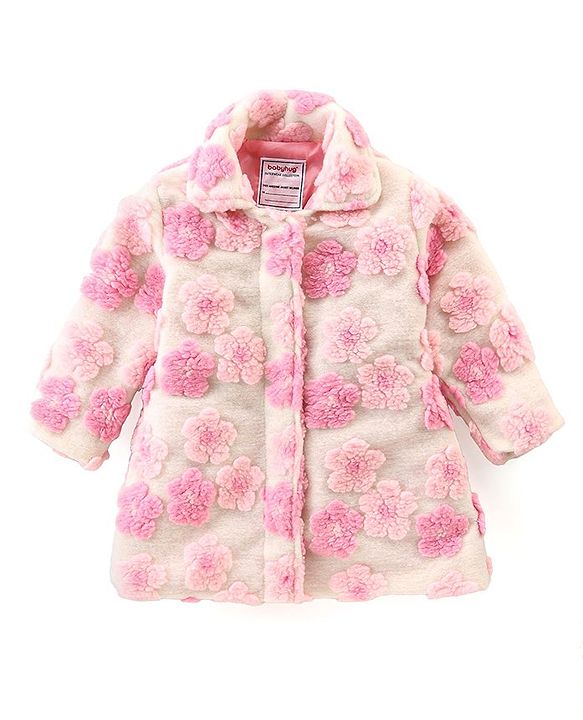 Babyhug Woven Full Sleeves Collared Neck Winter Coat With Floral Appliques - Pink