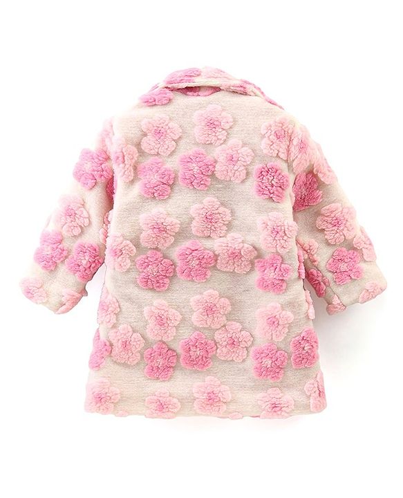 Babyhug Woven Full Sleeves Collared Neck Winter Coat With Floral Appliques - Pink