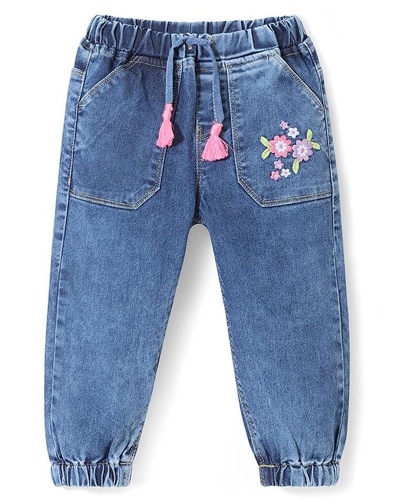 Babyhug Cotton Full Length Denim Washed Stretchable Joggers with Floral Embroidered - Blue