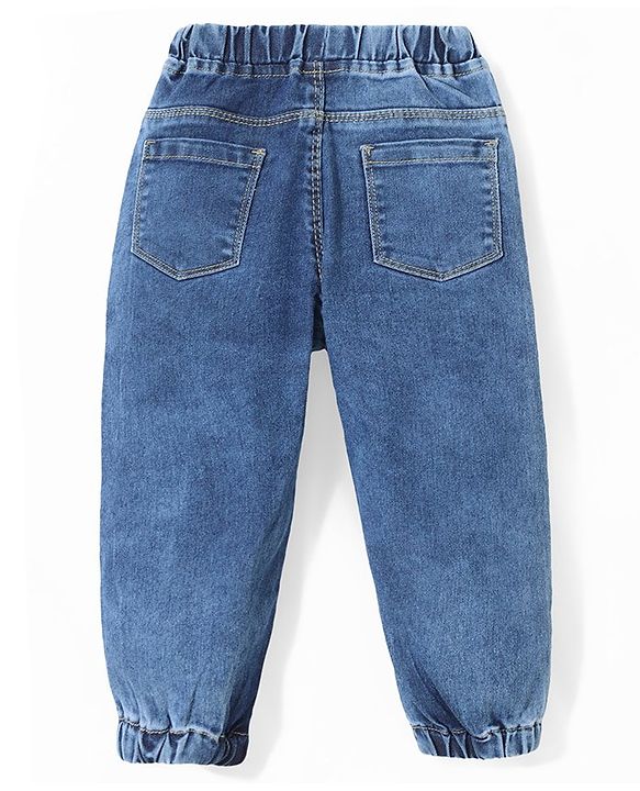 Babyhug Cotton Full Length Denim Washed Stretchable Joggers with Floral Embroidered - Blue