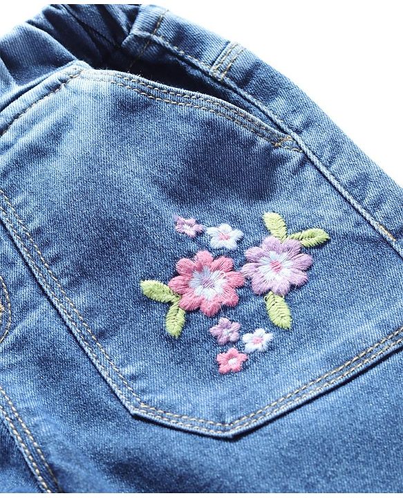 Babyhug Cotton Full Length Denim Washed Stretchable Joggers with Floral Embroidered - Blue