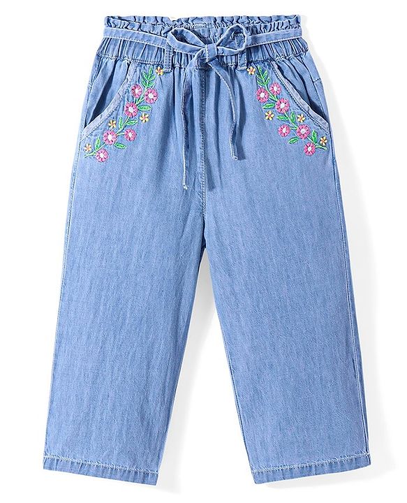 Babyhug Denim Full Length Washed Jeans with Stretch & Floral Embroidery  - Blue