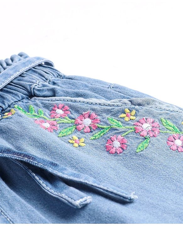 Babyhug Denim Full Length Washed Jeans with Stretch & Floral Embroidery  - Blue