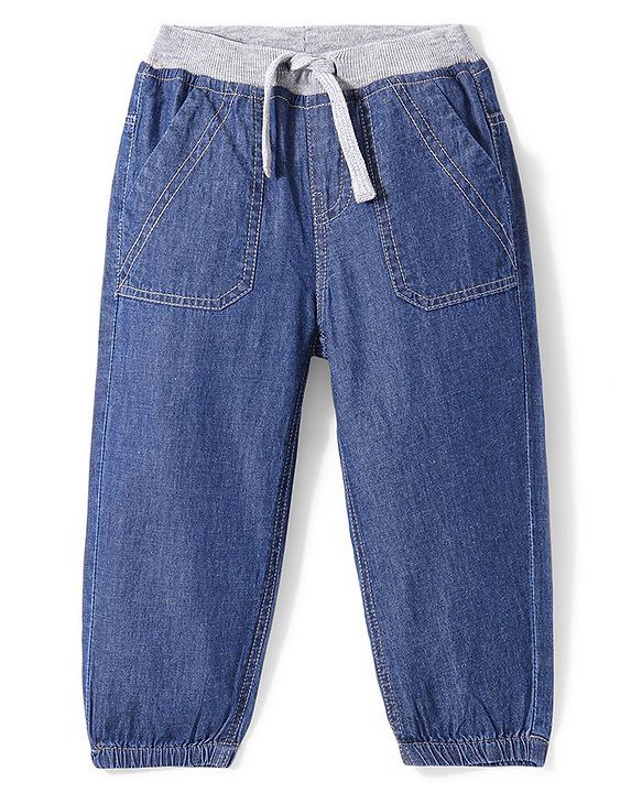 Babyhug Denim Full Length Solid Colour Joggers With Stretch - Blue