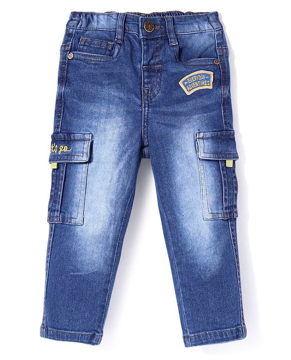 Babyhug Full Length Denim Jeans With Text Embroidery - Navy Blue