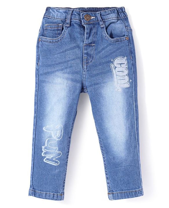 Babyhug Full Length Denim Jeans With Text Print - Blue