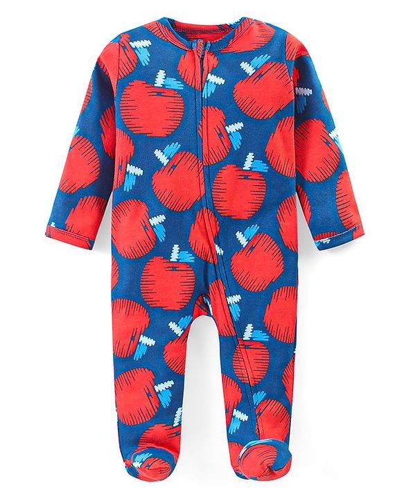 Babyhug Cotton Knit Full Sleeves Sleep Suit With Apples Print - Navy & Red