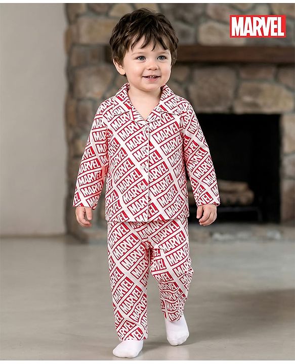 Babyhug Marvel Cotton Woven Full Sleeves Front Open Co-ords Night Suit With Avengers Print - Pink