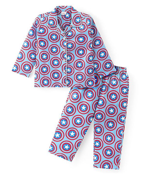 Babyhug Marvel Cotton Woven Front Open Full Sleeves Night Suit With Captain America Print - Blue