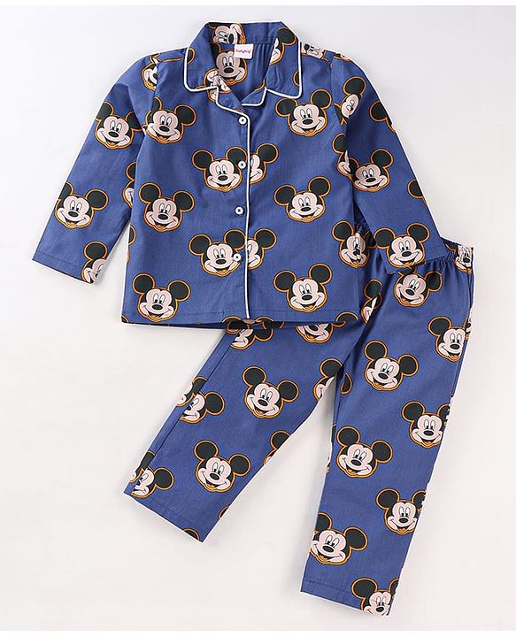 Babyhug Disney Cotton Knit Full Sleeves Front Open Night Suit With Mickey Mouse Print - Blue