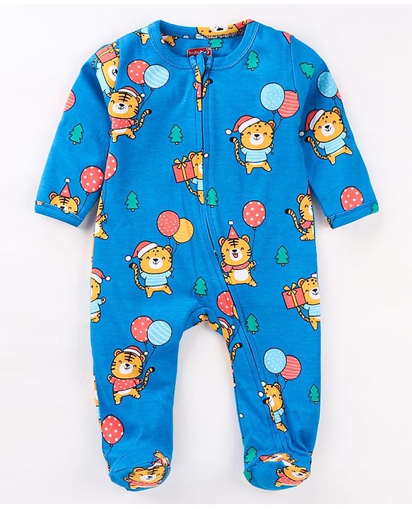 Babyhug Cotton Knit Full Sleeves Sleep Suit With Animals Print - Blue