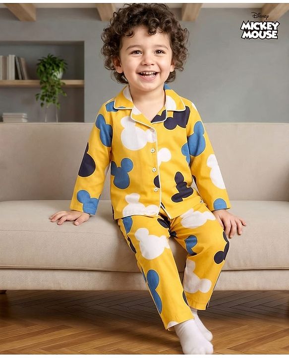 Babyhug Disney Cotton Woven Full Sleeves Night Suit with Mickey Mouse Print - Yellow